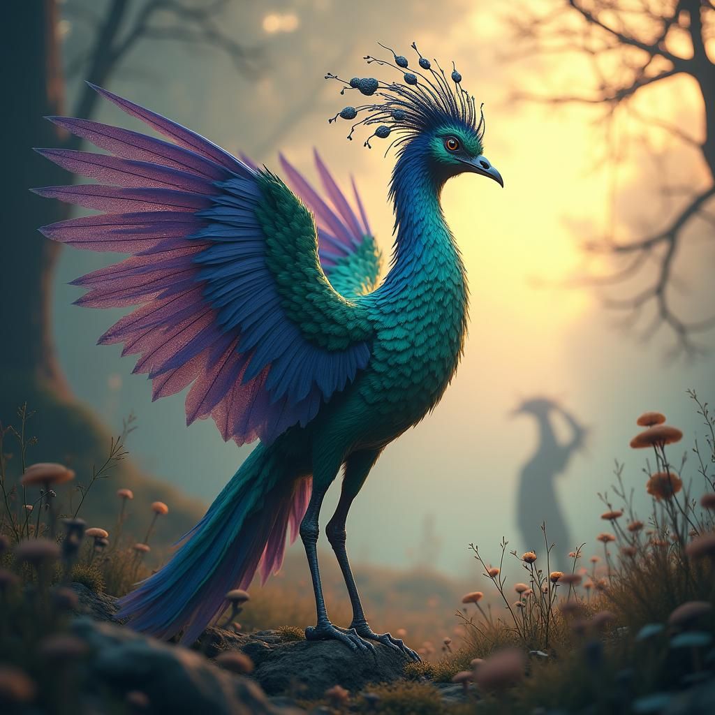 Iridescent Heron at Dawn: Dreamlike Digital Art