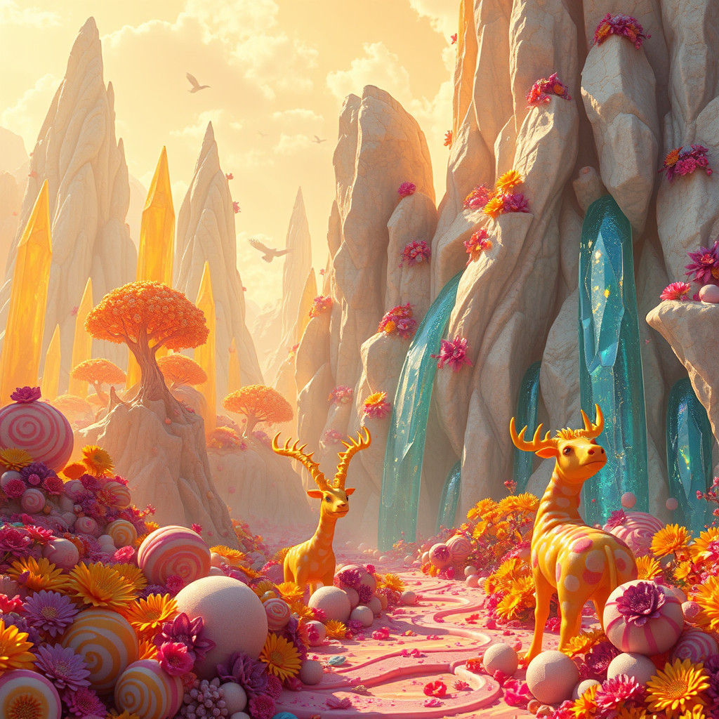 Sunlit Candy World with Crystal Rock Formations