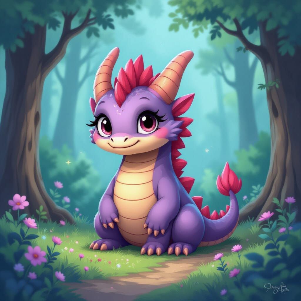 Cute Dragon in Mystical Fairy Tale Forest