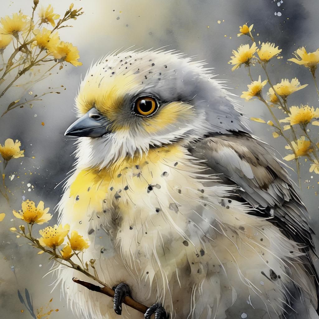 Fluffy Bird Portrait with Yellow Flowers as Watercolor