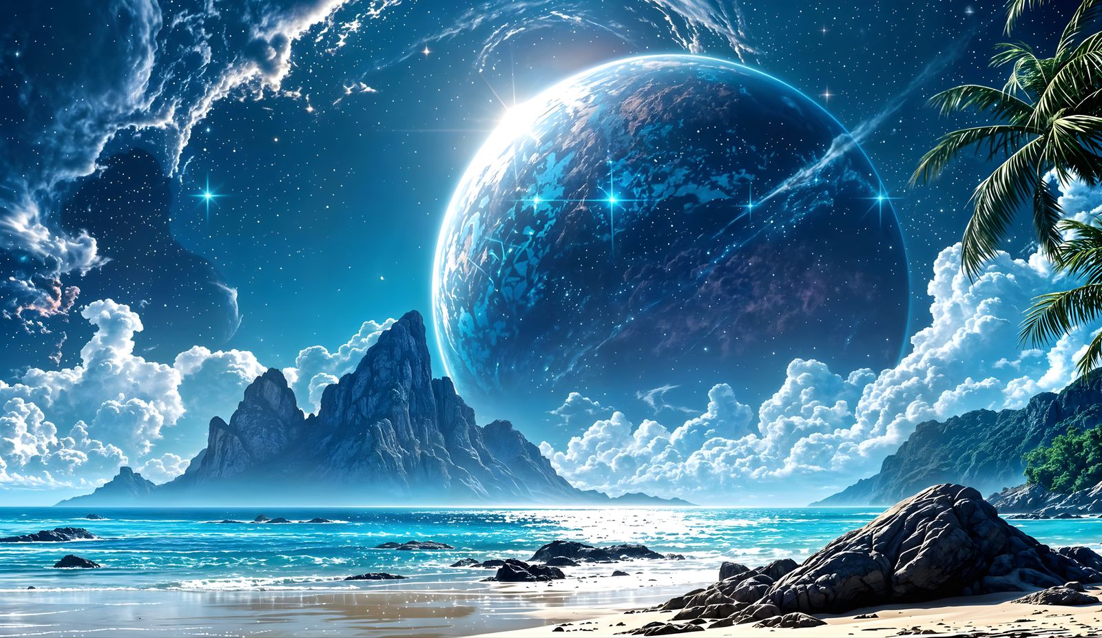 Tropical Beach on Alien Planet Sky