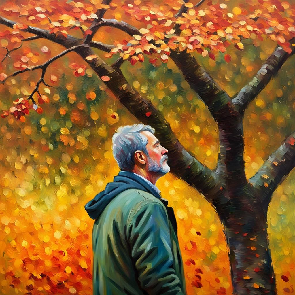 Man Under Apple Tree: Impressionist Oil Painting