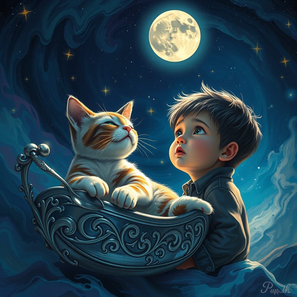 Whimsical Cat and Little Boy Blue Gazing at the Man in the M...