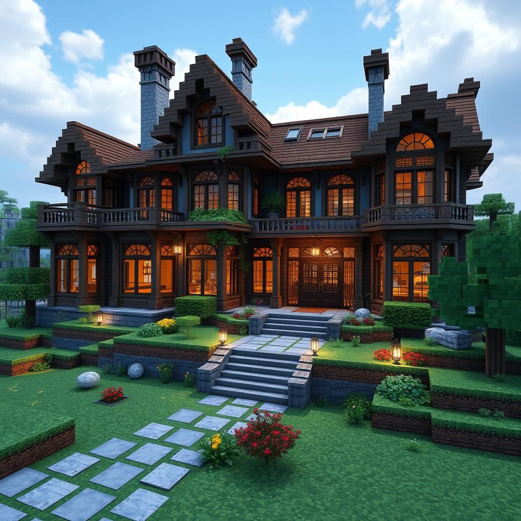 Minecraft Mansion with Garden: 3D Game Cinematic