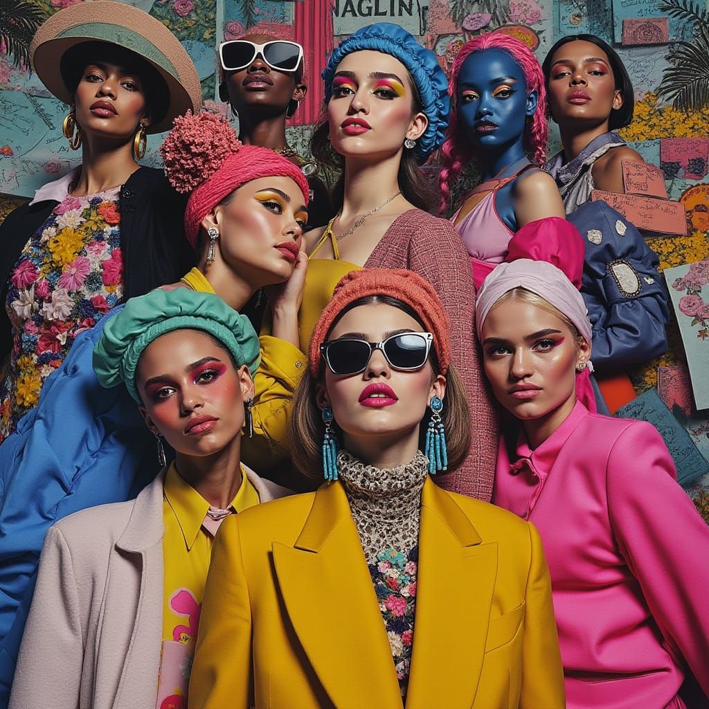 Women in Whimsical Mailroom Scene, Vibrant Neon Style