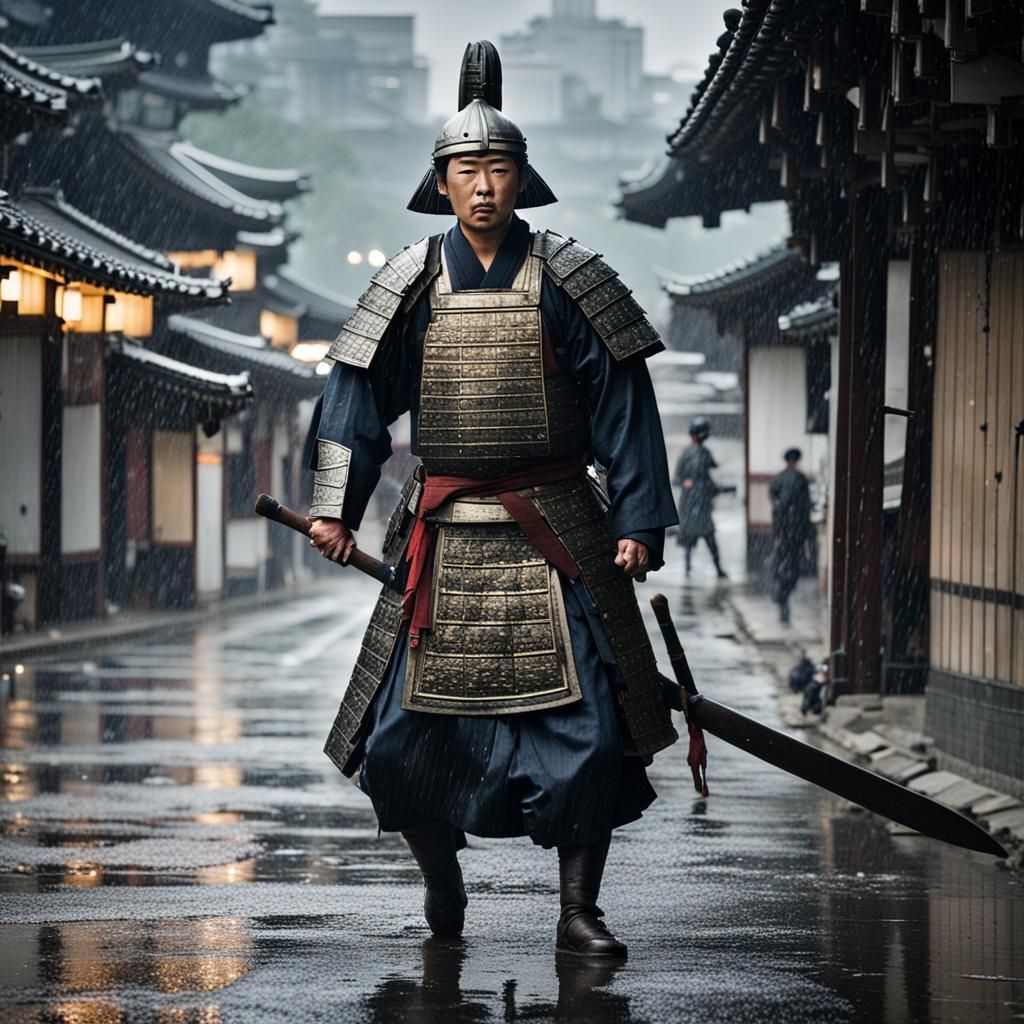 Korean Warrior in Rainy Modern Seoul