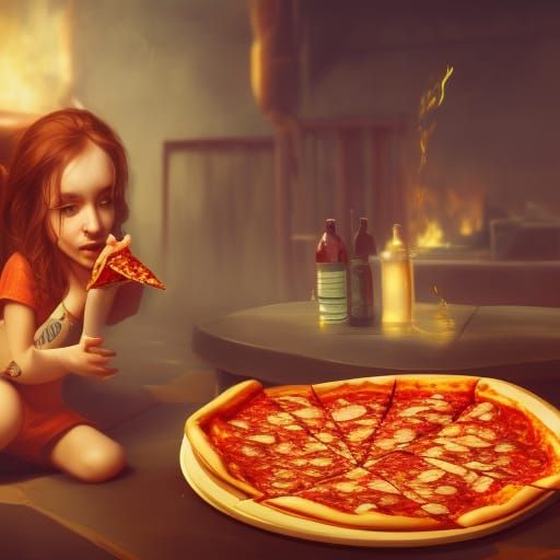Detailed Matte Painting of Girl Eating Pizza