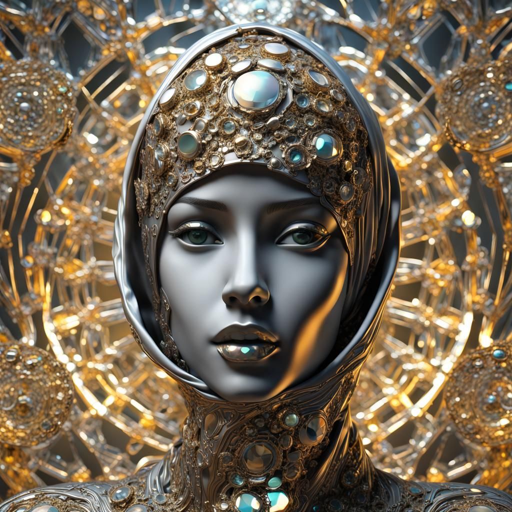 Futuristic Hijab Figure in Crystal and Gold, 8K