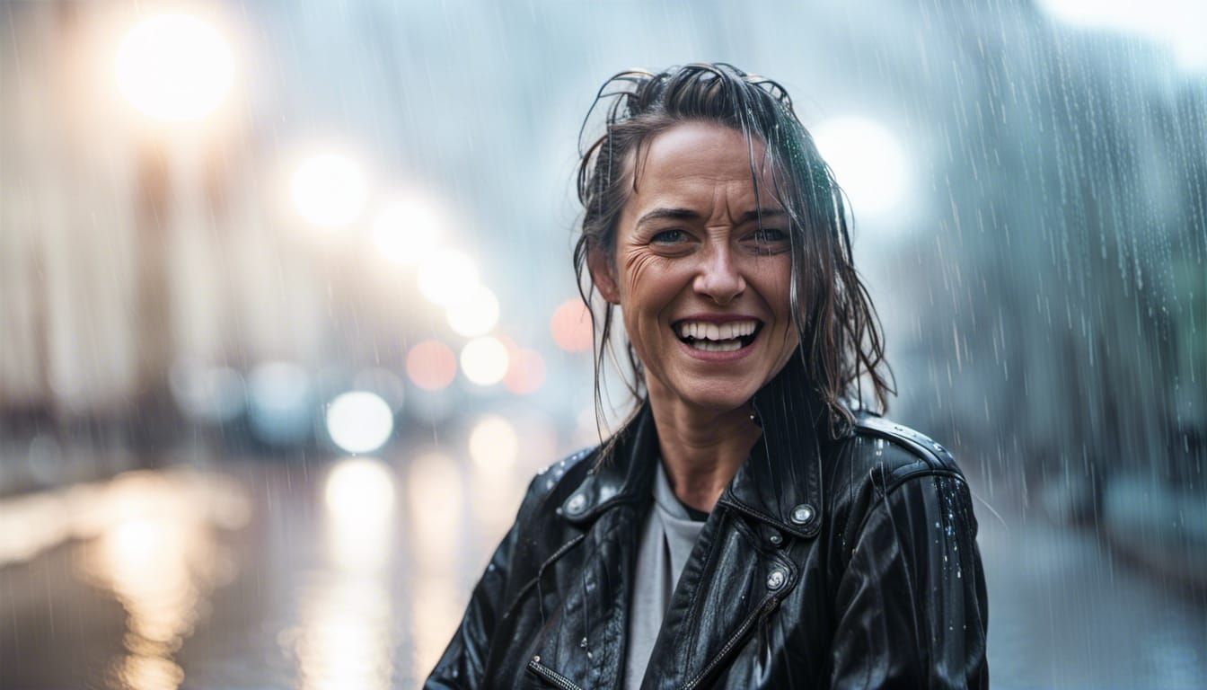 Drenched Woman Laughing in Heavy Rain