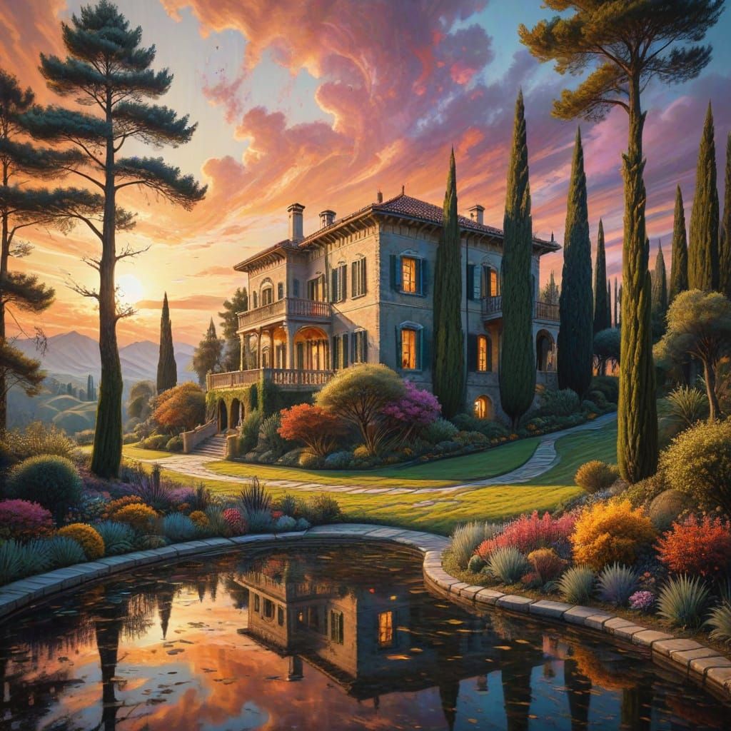 Italian Villa in a Vibrant Zentangle Landscape