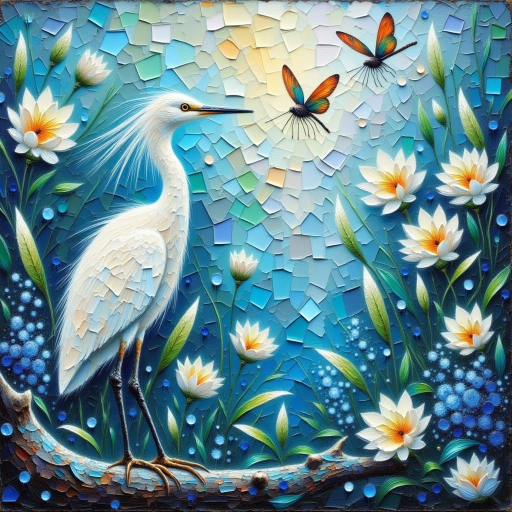 Egret with Dragonflies in Whimsical Impasto Style