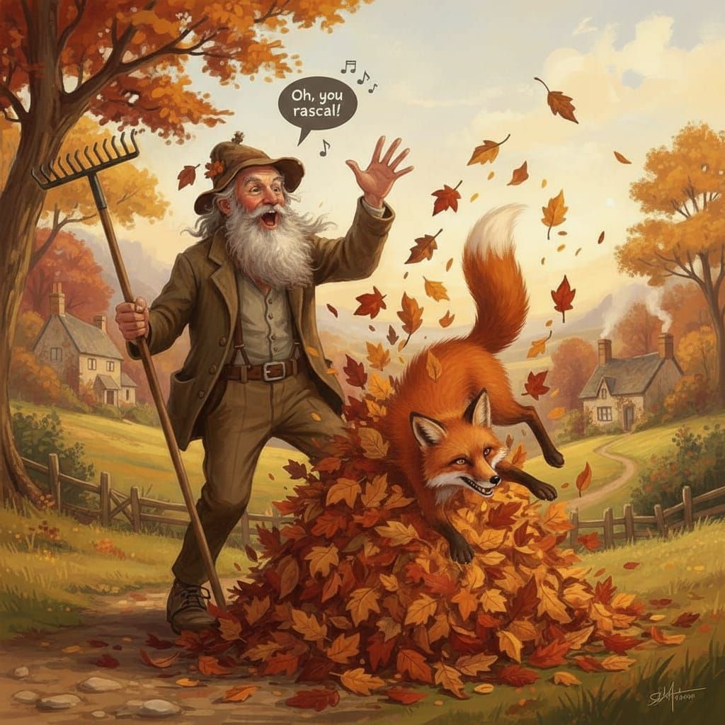 Mischievous Fox Scatters Autumn Leaves, Amusing Man