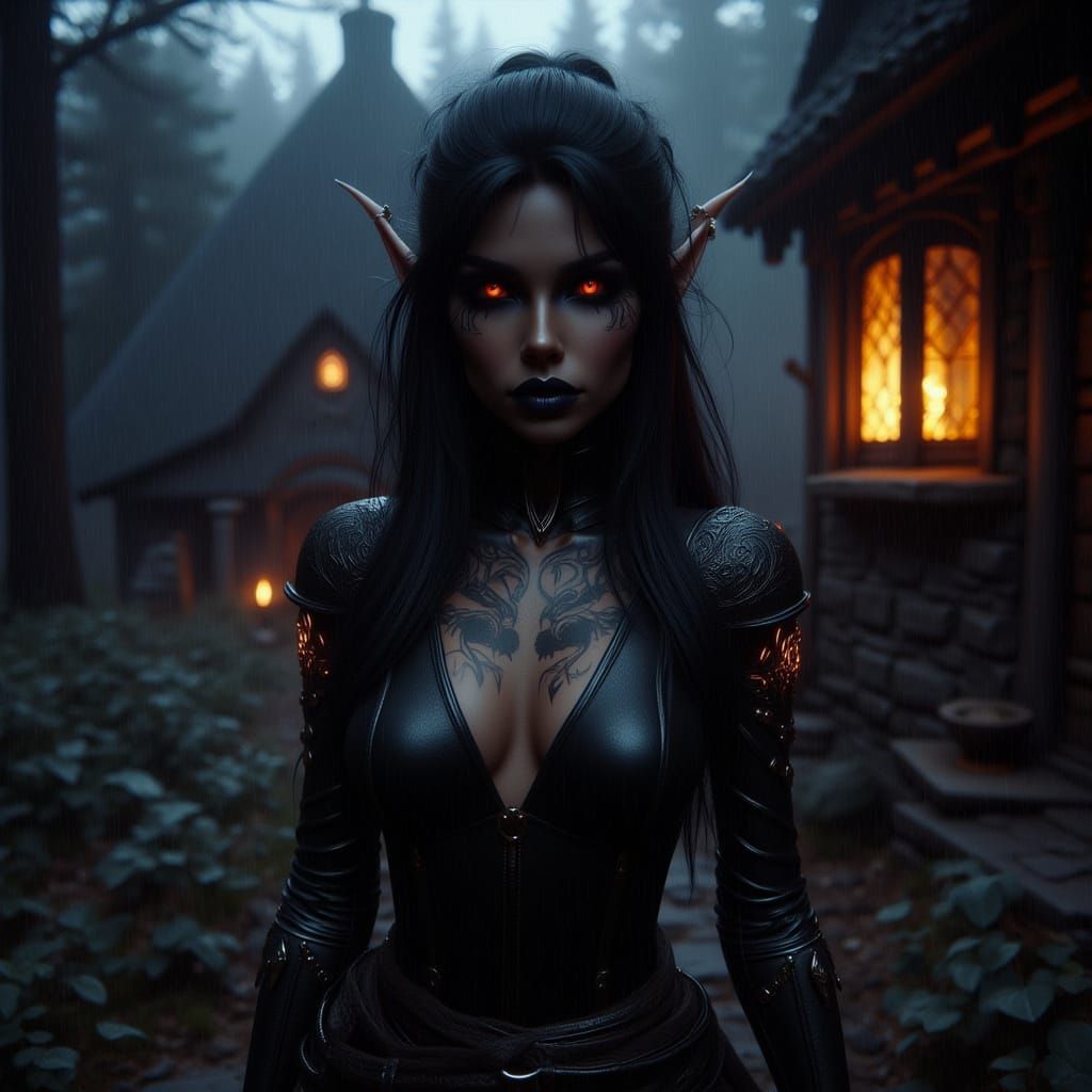 Elf Warrior Woman Leaves Cozy Cottage At Twilight