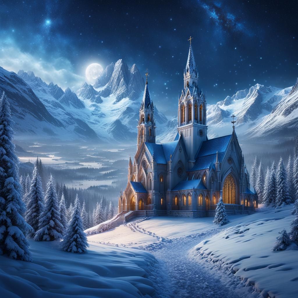Starry Winter Valley and Church: Digital Matte Painting