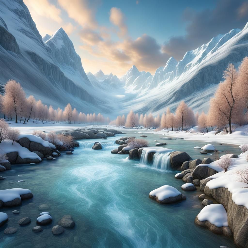 Winter Riverscape Valley with Aurora: Hyperrealistic 8K