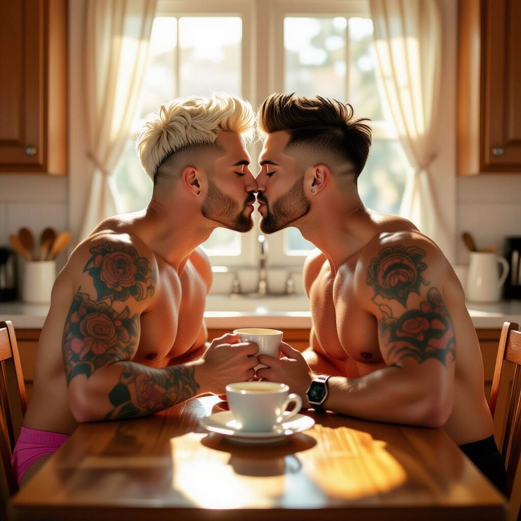 Intimate Breakfast Kiss: Athletic Gay Couple in Golden Light