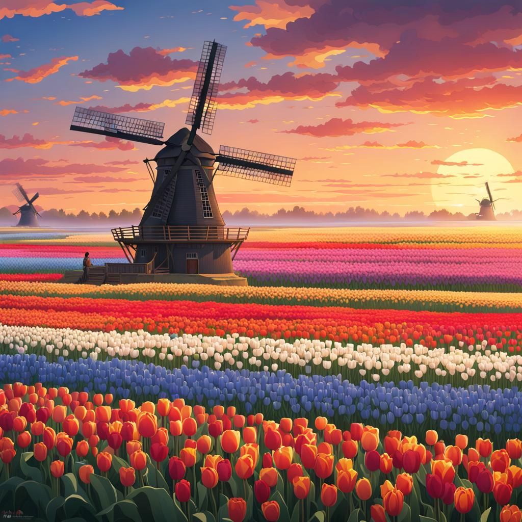 Colorful Tulip Field at Sunrise, Ghibli Style