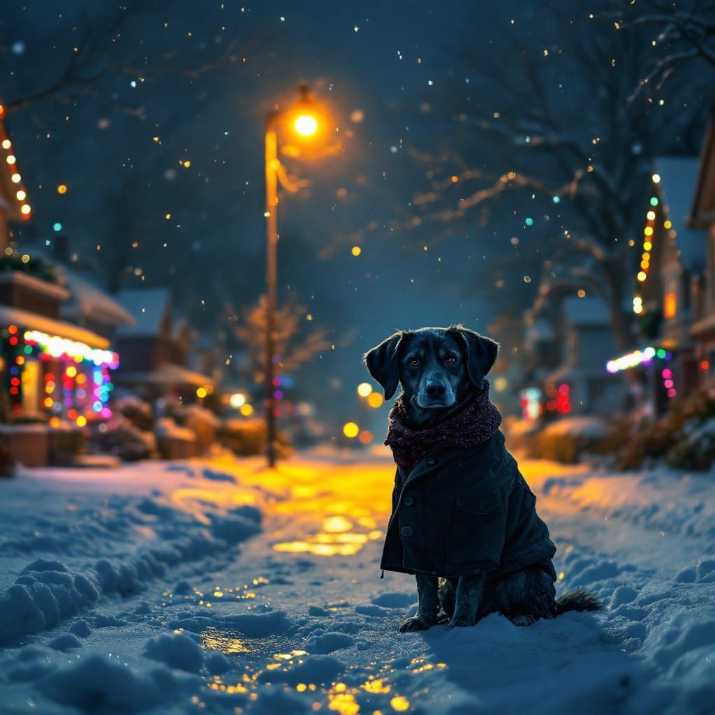 A Lonely Dog Surveys a Snow-Covered Street on a Christmas Ev...