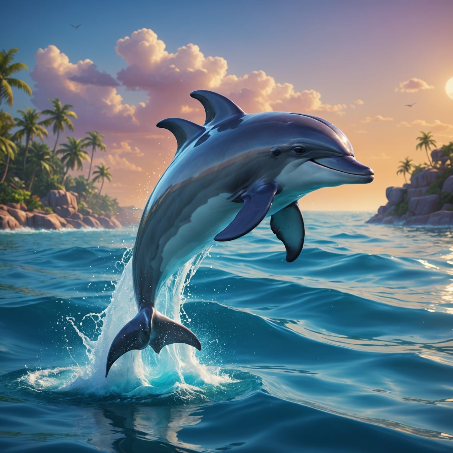 Dolphin Leaping Through a Vibrant, Cinematic 3D Water Scene