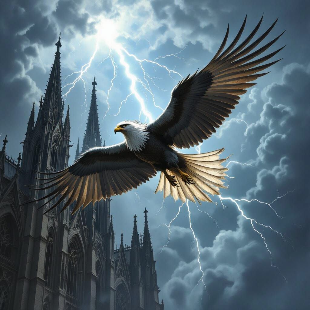 Griffin Soaring Over Gothic Cathedral in Storm