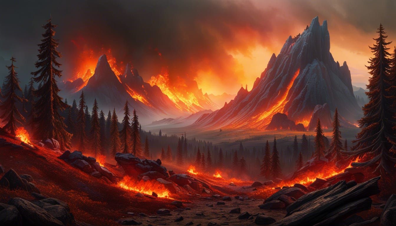 Fiery Post-Apocalyptic Mountain Landscape in Digital Art Sty...