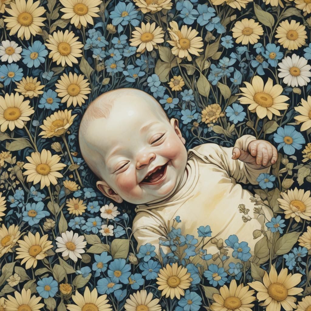 Happy Baby in Flowers: Art Brut Style