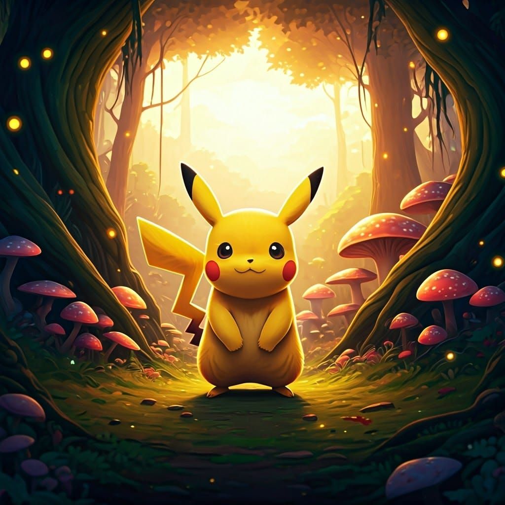 Whimsical Pikachu in Lush Fantasy Forest