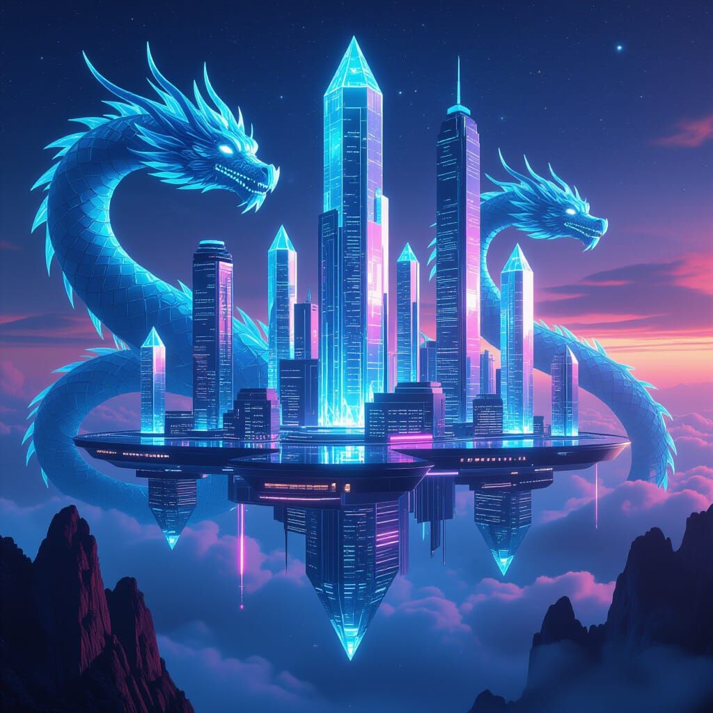 Surreal Crystal Dragons Guard Floating Glass City