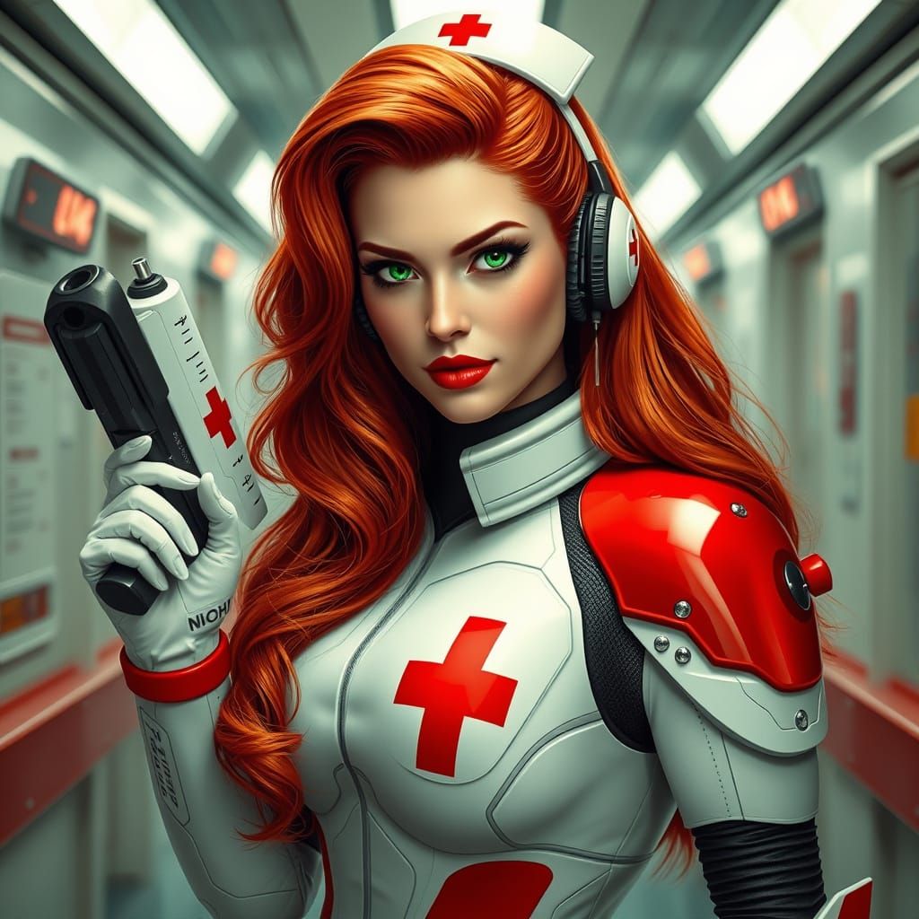 Sultry Redhead Nurse Stalks Futuristic Hospital in Power Arm...