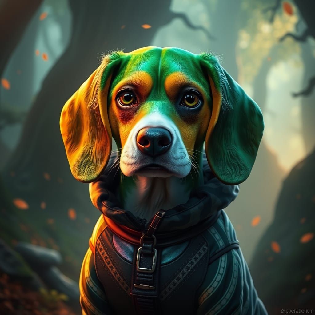 Iridescent Green Beagle in Mystical Forest, Fantasy Art