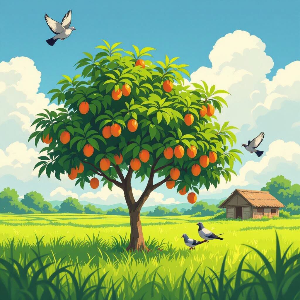 Cartoon Mango Tree with Pigeon in Shinkai Style