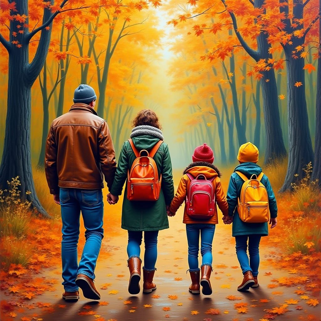Family in Autumn Forest, Neo-Impressionist Style