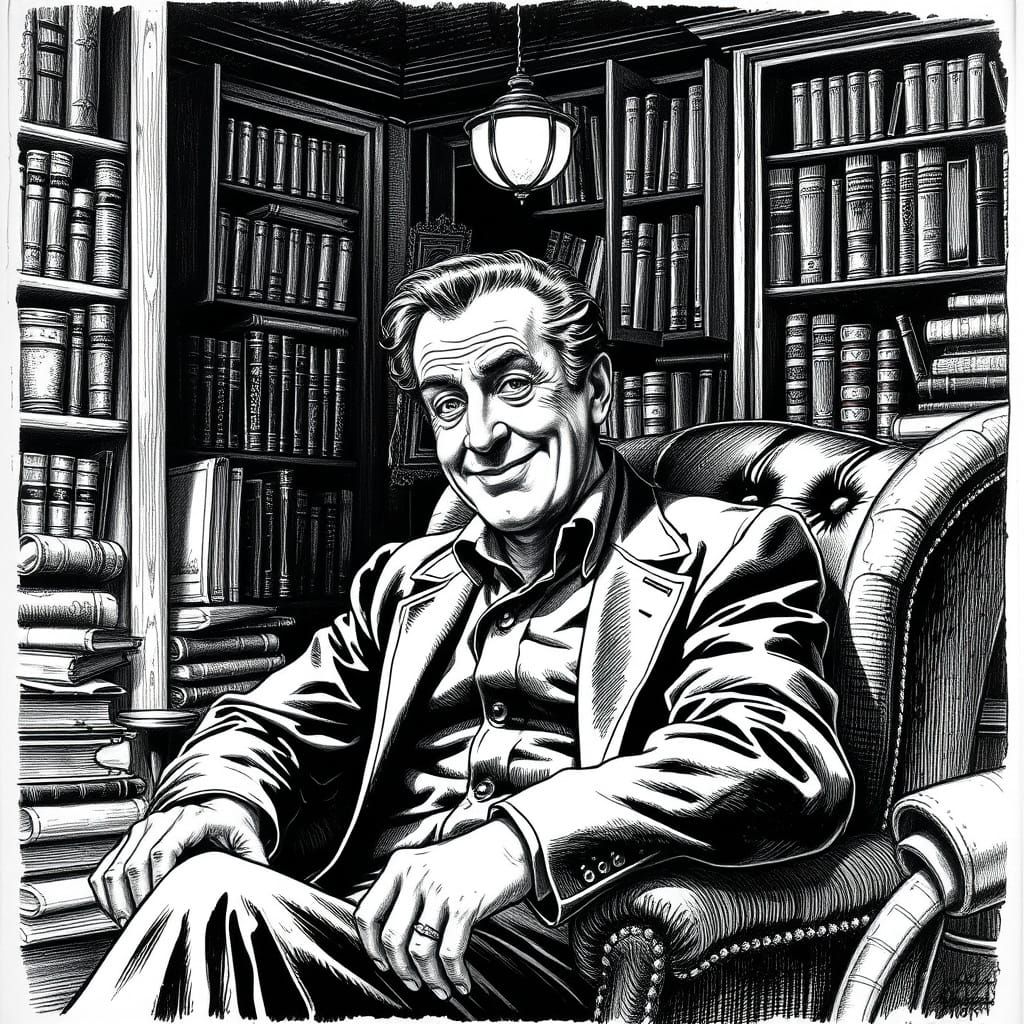 Man in study. Crosshatching art.