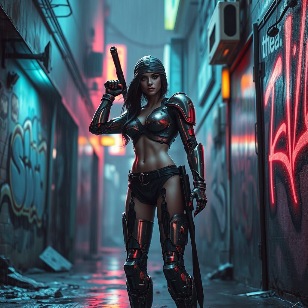 Cyborg Warrior in Gritty Cyberpunk Alleyway
