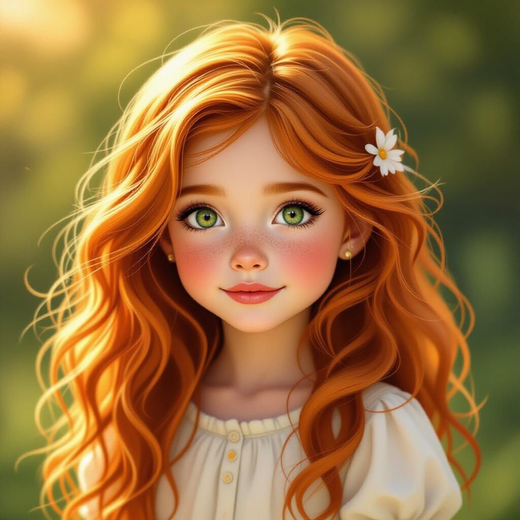 Ginger Girl with Freckles in Golden Hour Light