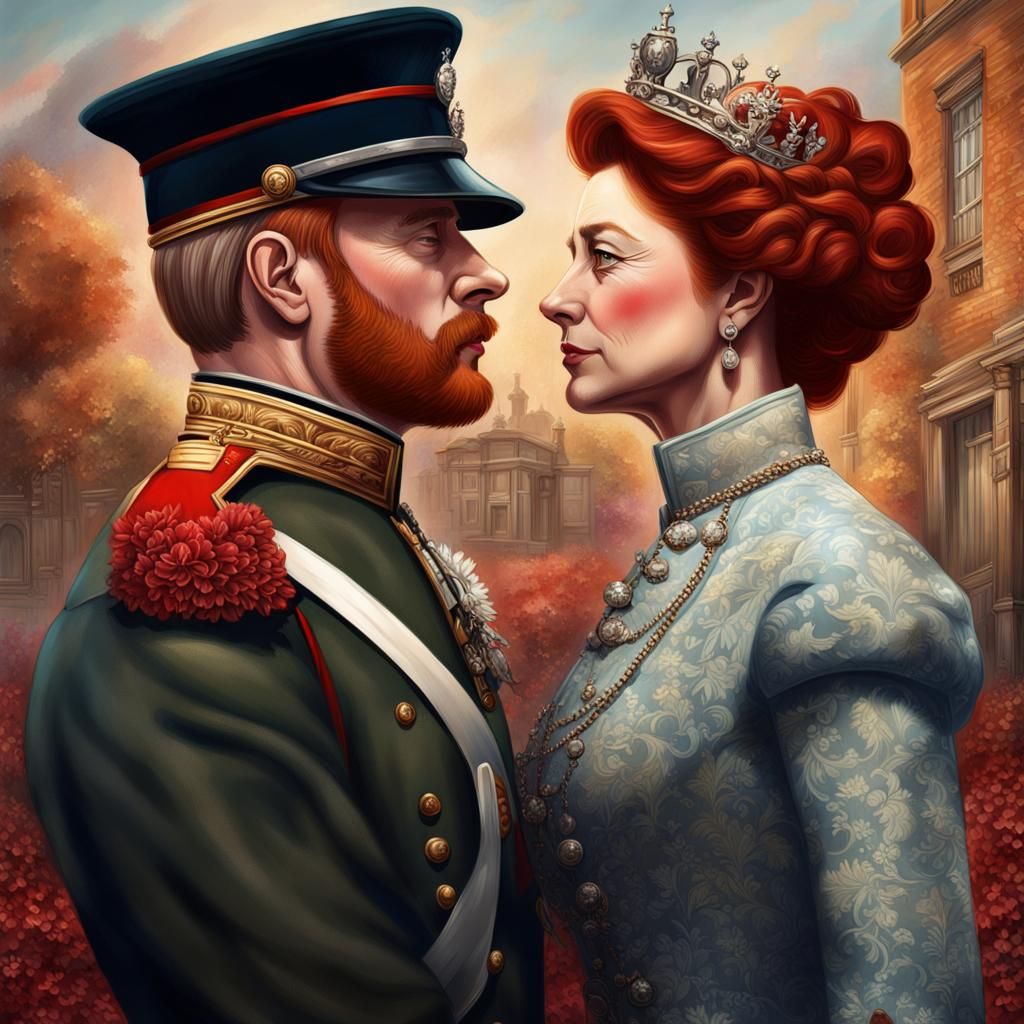 Victorian Era British Officer and Queen Kiss: Hyperrealistic...