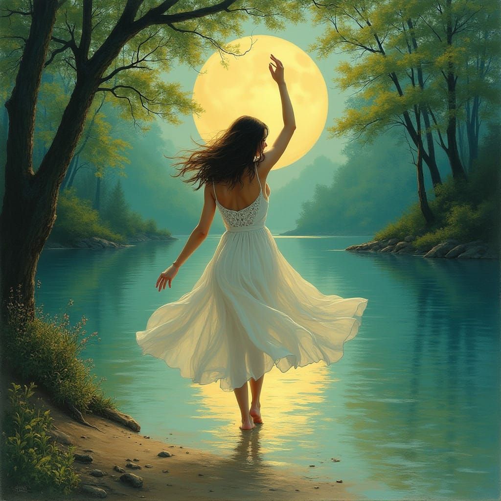 Whimsical Woman Dancing Under a Full Moon