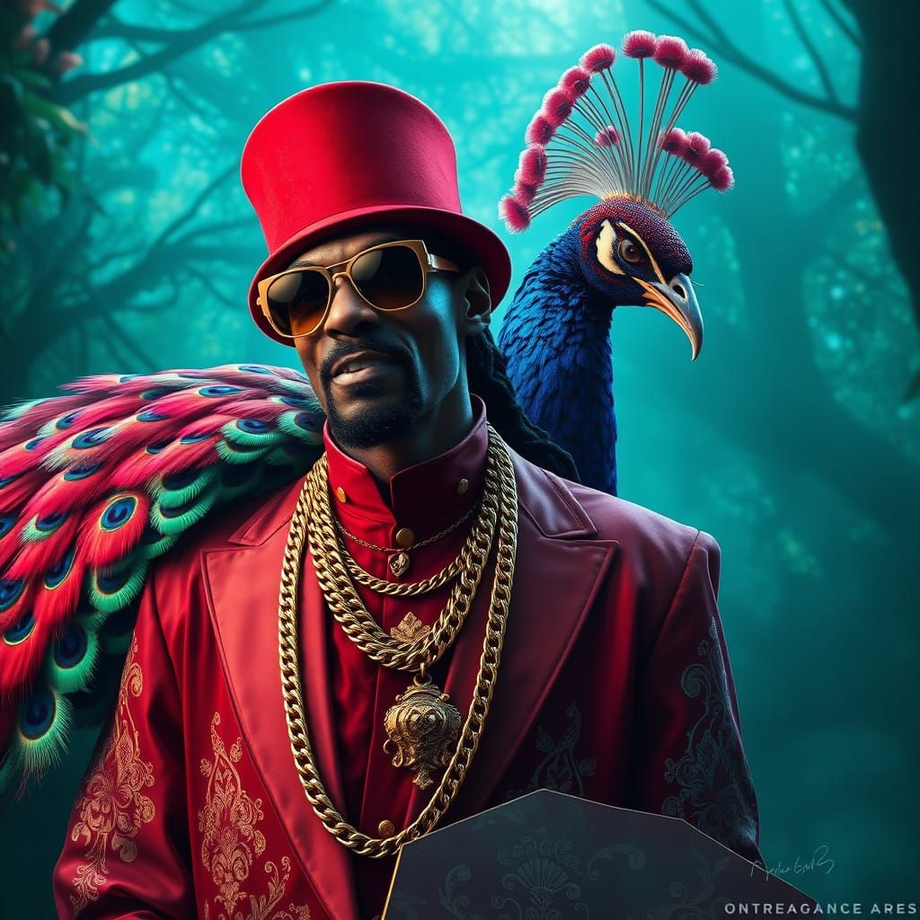 Snoop Dog in Majestic Fantasy Landscapes with a Red Peacock
