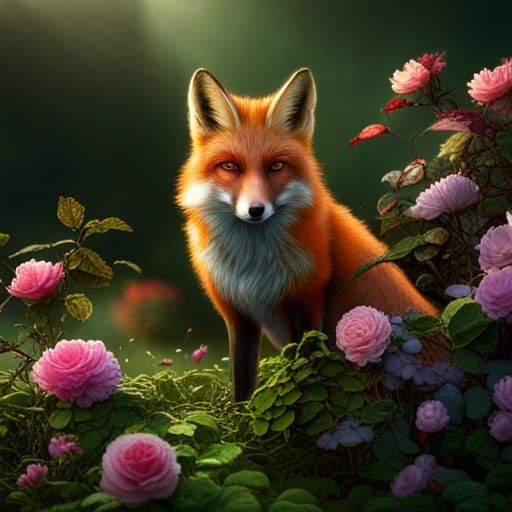 Fox in Rose Bush: Detailed Fantasy Art