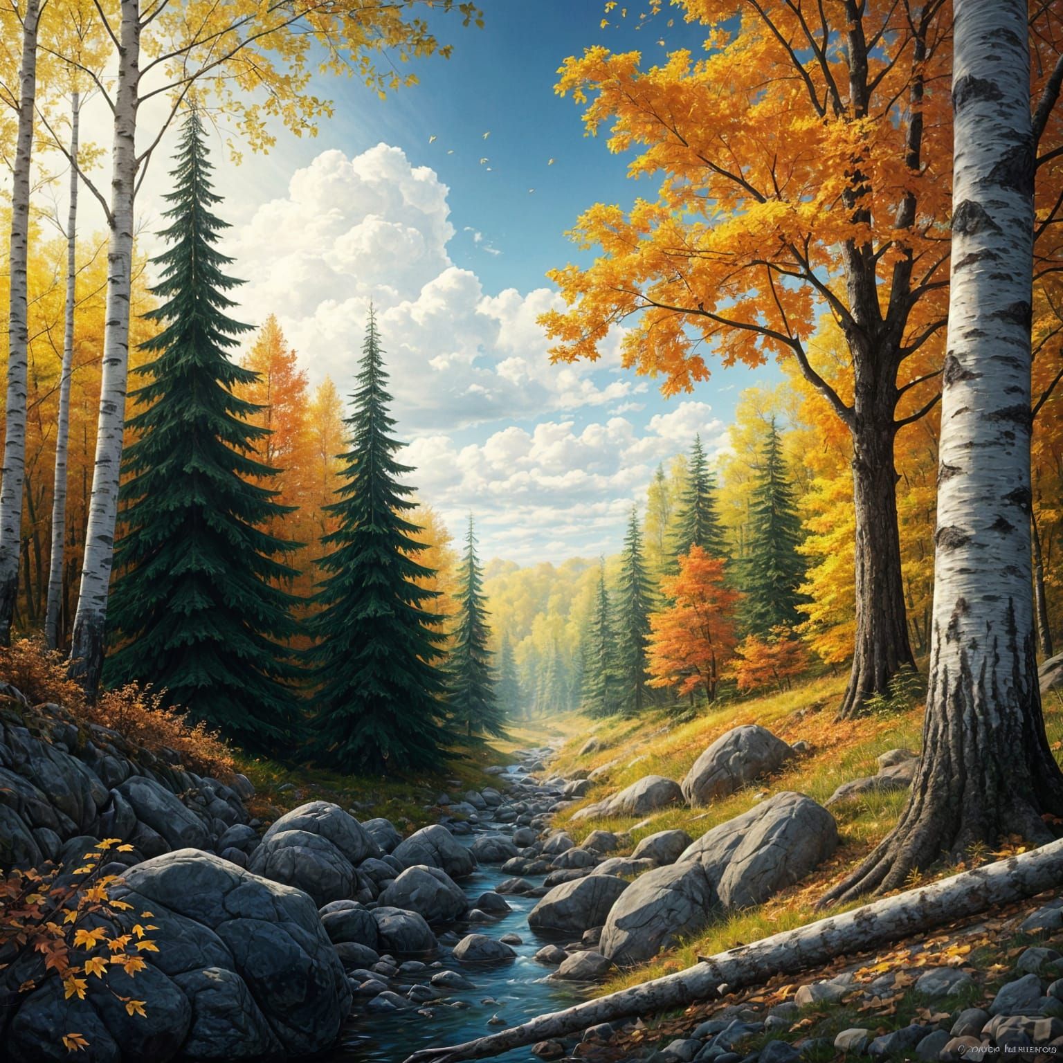 Hyperrealistic Forest Scene with Birch and Spruce