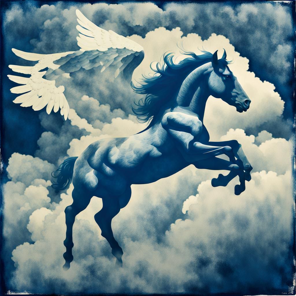 Cyanotype Pegasus Flying Through Clouds