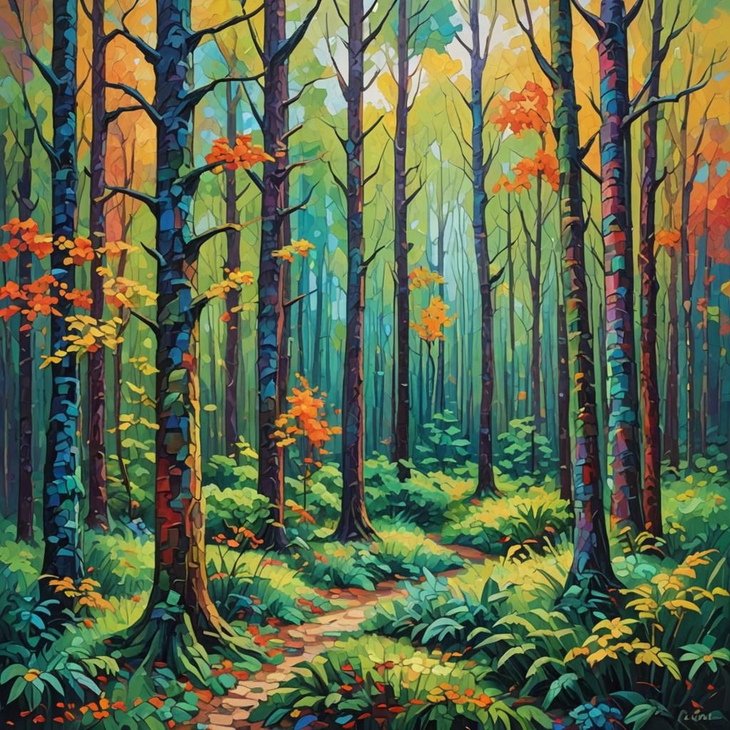Pixelated Forest in Neo-Impressionist Retro Style