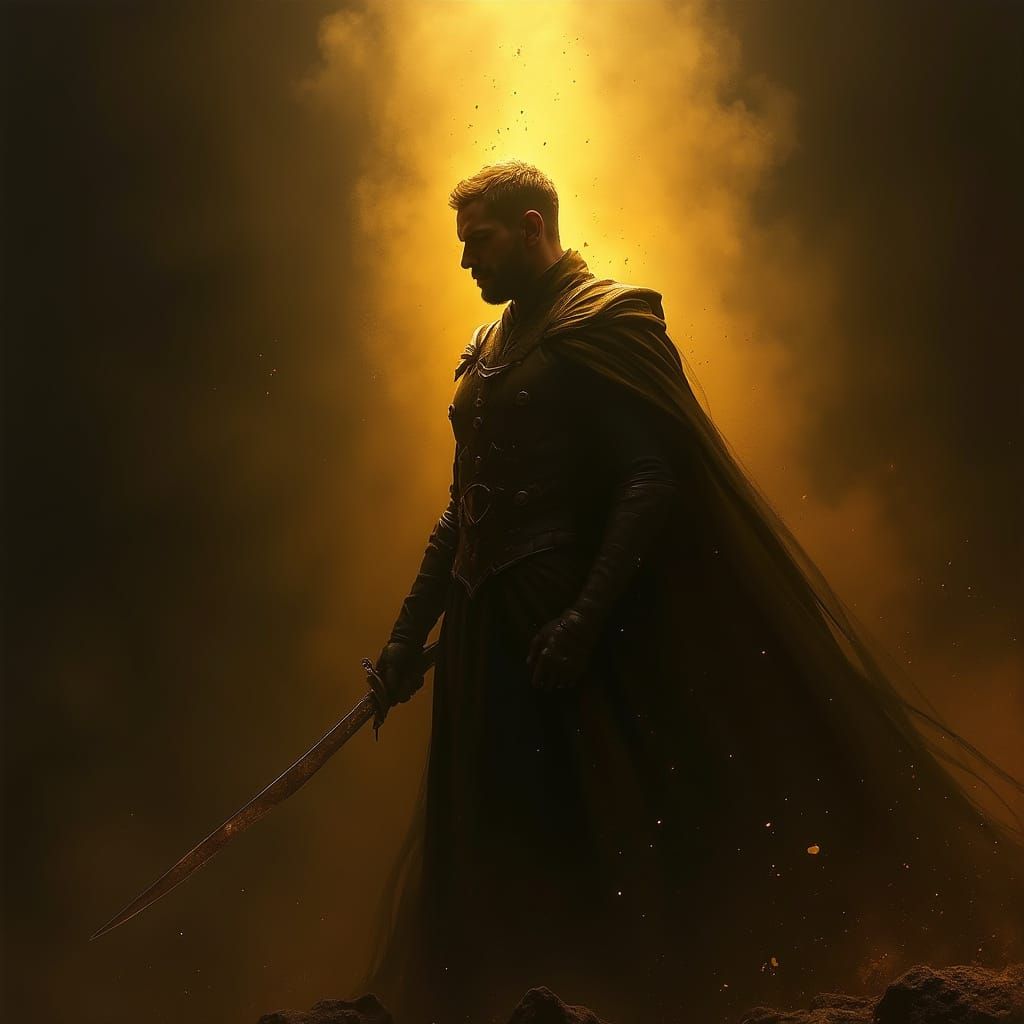 Heroic Figure Radiates Golden Light in a Dramatic, Atmospher...