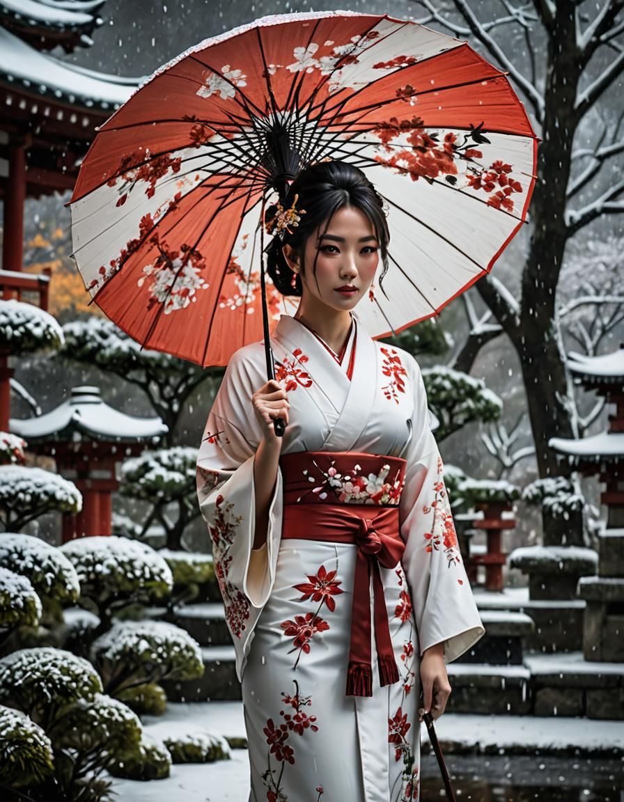 Japanese Girl in Snowy Garden, Hyperrealistic Style