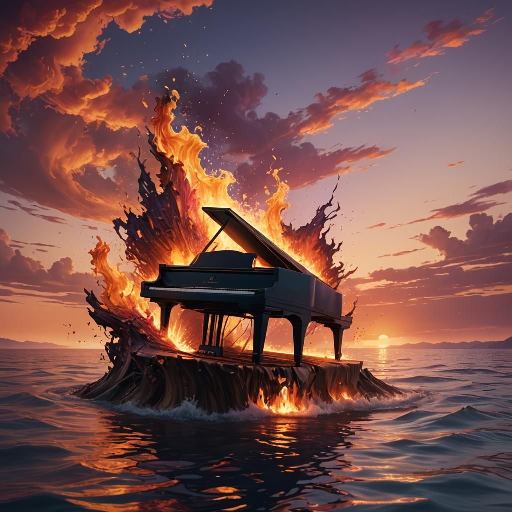 Piano Ablaze in Calm Ocean Sunset: Fantasy Art