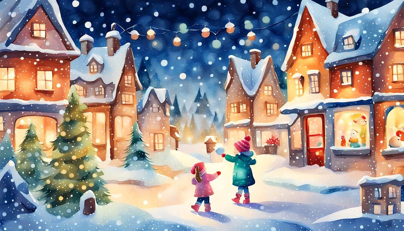 Whimsical Winter Wonderland Scene in Watercolor