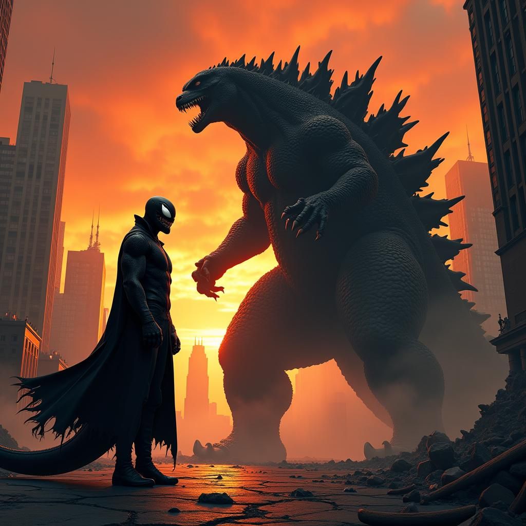Venom and Godzilla in a Dark Metropolis