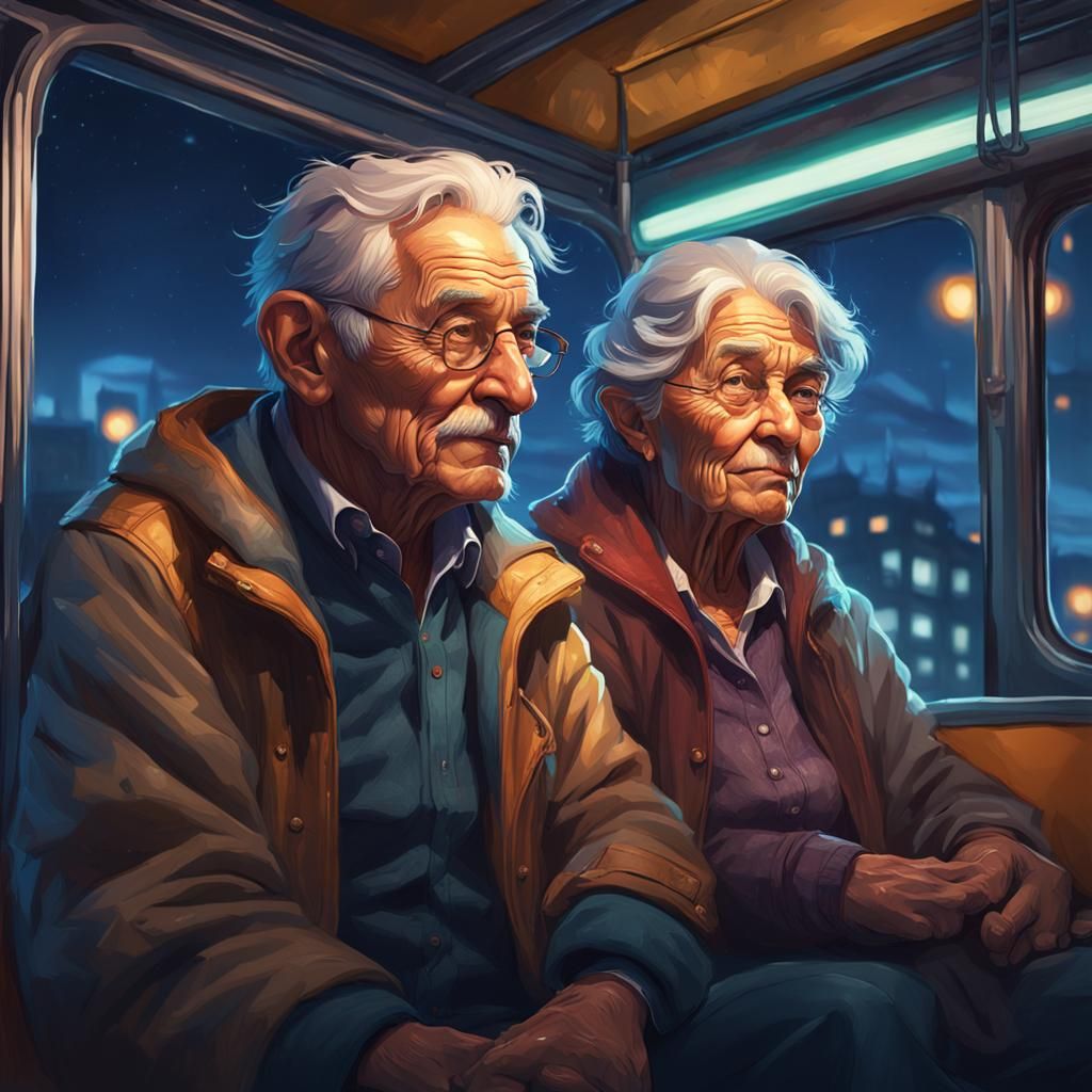 Elderly Couple on Night Bus: Detailed Artstation Portrait