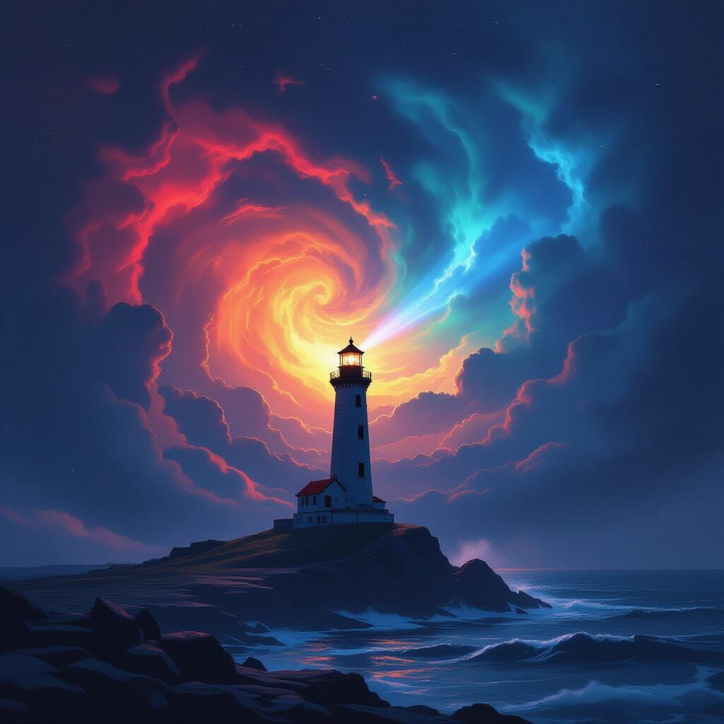 Cosmic Lighthouse in Nebula Storm Digital Illustration