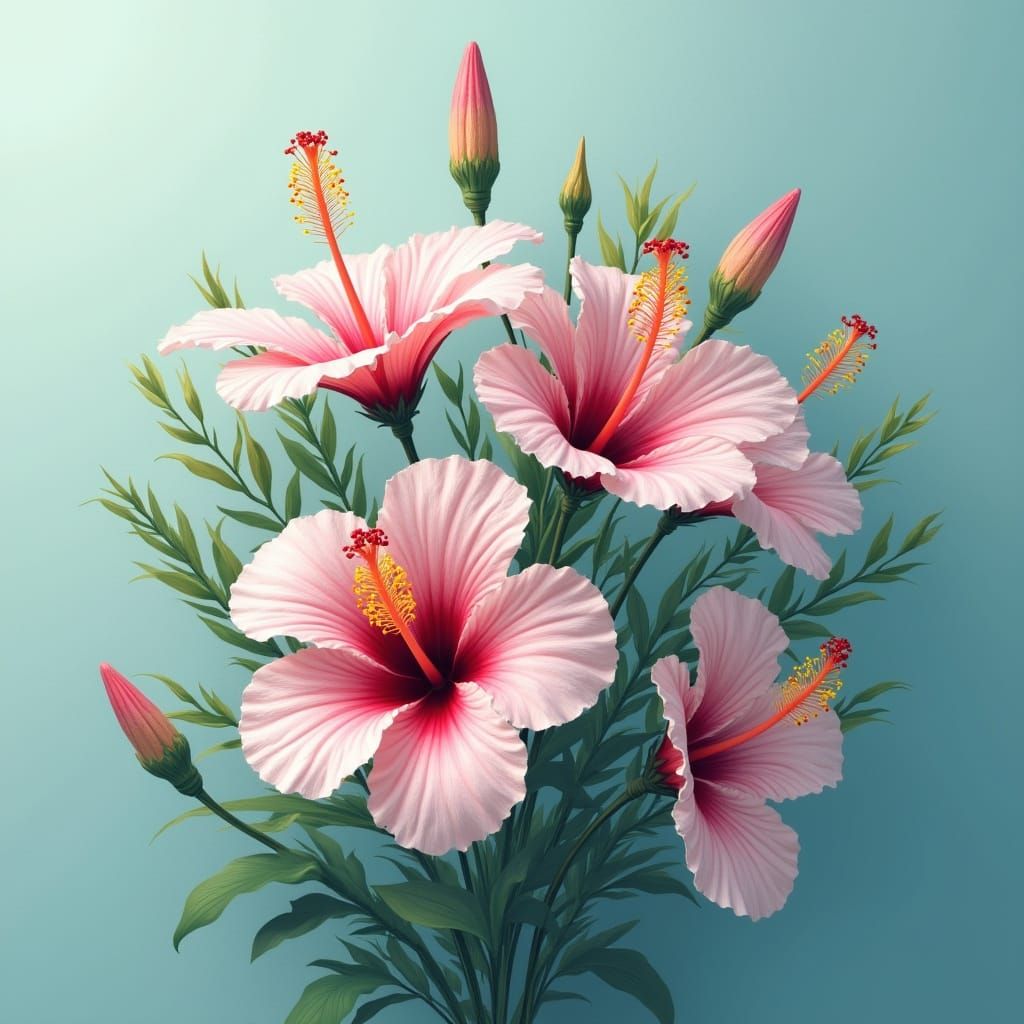 Vibrant Hibiscus Bouquet in Digital Pointillism Style